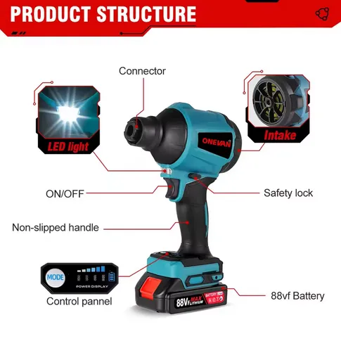 ONEVAN 40000RPM 1000W akumulátorové dúchadlo,ofukovač, vyfukovač, fúkač, vákuovač. Náradie pre 18V batériu Makita