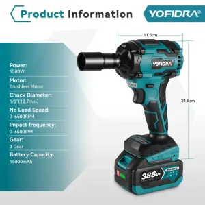 OneVan / Yofidra Rázový bezuhlíkový elektrický kľúč s 1/2" 1000 Nm vhodný pre batériu MAKITA 18V v kufríku+4 ks gola sada