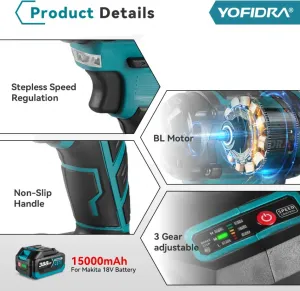 OneVan / Yofidra Rázový bezuhlíkový elektrický kľúč s 1/2" 1000 Nm vhodný pre batériu MAKITA 18V v kufríku+4 ks gola sada