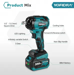 OneVan / Yofidra Rázový bezuhlíkový elektrický kľúč s 1/2" 1000 Nm vhodný pre batériu MAKITA 18V v kufríku+4 ks gola sada