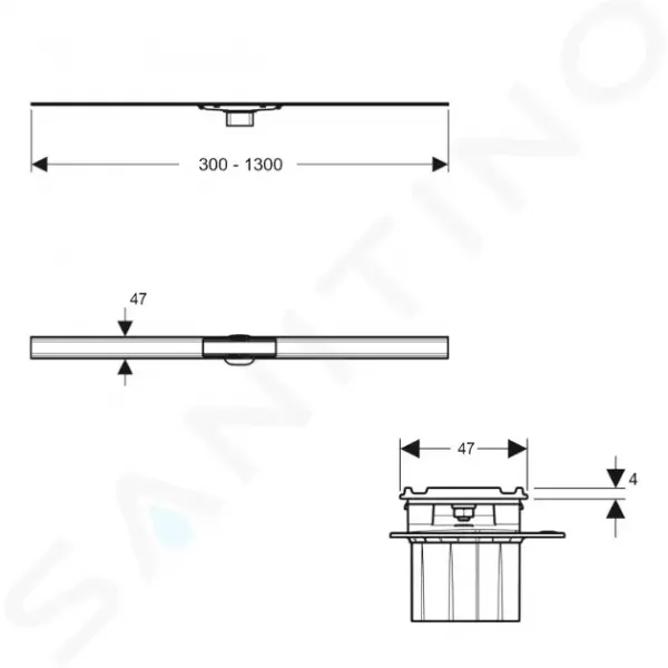 Geberit CleanLine - Sprchový kanálik z nehrdzavejúcej ocele, 1 300 mm, na tenké obklady 154.459.00.1