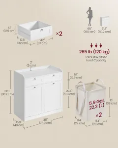 VASAGLE Kúpeľňová skrinka s dvoma košmi na bielizeň 78 x80 x 40 cm biela