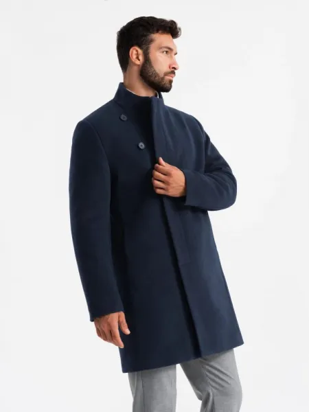 Elegantný kabát pre pánov s asymetrickým zapínaním tmavo modrý