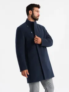 Elegantný kabát pre pánov s asymetrickým zapínaním tmavo modrý