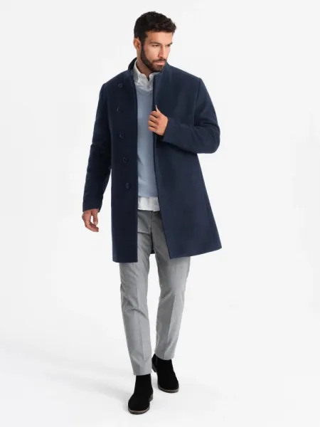 Elegantný kabát pre pánov s asymetrickým zapínaním tmavo modrý