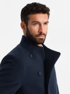 Elegantný kabát pre pánov s asymetrickým zapínaním tmavo modrý