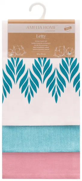 AmeliaHome Súprava kuchynských uterákov Letty Leaves - 3 ks tyrkysová/ružová, veľkosť 50x70