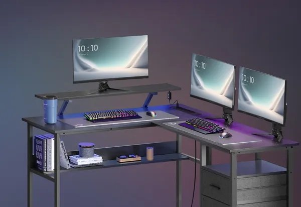 SONGMICS Rohový písací stôl so zásuvkami a LED Vasagle Bora čierny