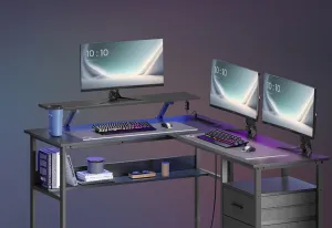 SONGMICS Rohový písací stôl so zásuvkami a LED Vasagle Bora čierny