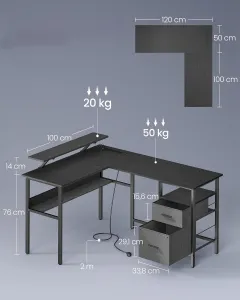 SONGMICS Rohový písací stôl so zásuvkami a LED Vasagle Bora čierny