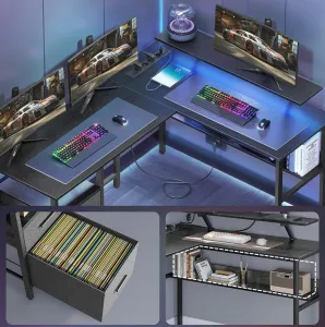 SONGMICS Rohový písací stôl so zásuvkami a LED Vasagle Bora čierny