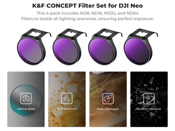 K&F Concept K&F DJI NEO 4ks sada filtrov (ND8+ND16+ND32+ND64) objektív pre drony DJI, HD, jednostranný antireflexný 37522