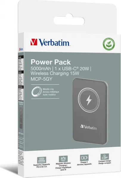 VERBATIM Powerbanka Charge 'n' Go, Magnetická, 5000 mAh, USB-C, Šedá
