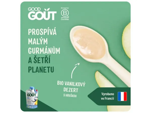 Good Gout Bio Hruškový jogurt s čučoriedkami 90 g,GOOD GOUT BIO Jogurt, hruška a vanilka 90 g – ovocný príkrm