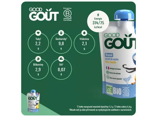 Good Gout Bio Hruškový jogurt s čučoriedkami 90 g,GOOD GOUT BIO Jogurt, hruška a vanilka 90 g – ovocný príkrm