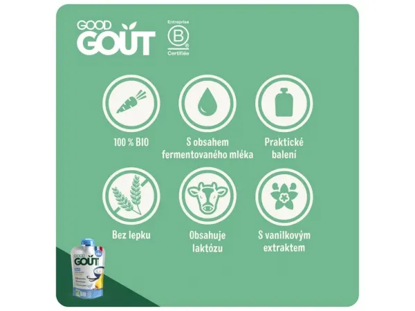 Good Gout Bio Hruškový jogurt s čučoriedkami 90 g,GOOD GOUT BIO Jogurt, hruška a vanilka 90 g – ovocný príkrm