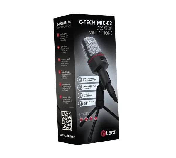 Stolní mikrofon C-TECH MIC-02, 3,5" stereo jack, 2.5m