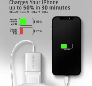 AXAGON ACU-PD20W, nabíjačka do siete 20W, 1x port USB-C, PD3.0/PPS/QC4+/AFC/Apple, biela