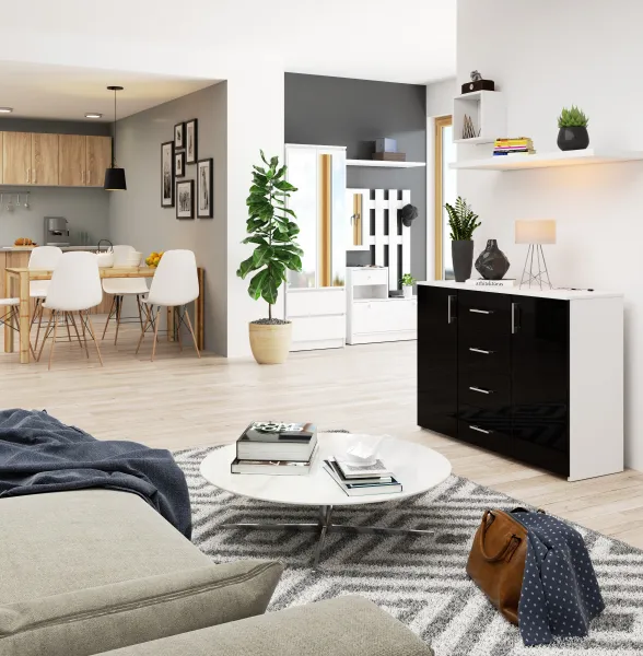 Ak furniture Komoda Torvi K 110,4 cm biela/čierna lesklá