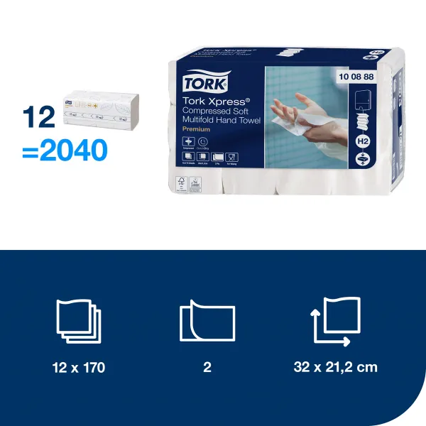 Papierové utierky skladané ZZ 2-vrstv. TORK Xpress Multifold stlačené jemné H2 (12 bal. x 170)