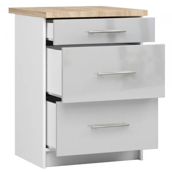 Ak furniture Kuchyňská skříňka Olivie S 60 cm 3S bílá/metalický lesk/dub sonoma