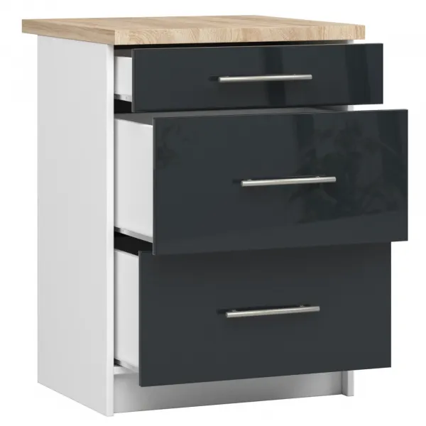 Ak furniture Kuchyňská skříňka Olivie S 60 cm 3S bílá/černá s grafitovým leskem/dub sonoma