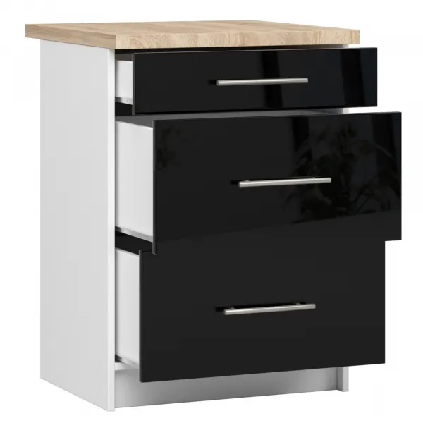 Ak furniture Kuchyňská skříňka Olivie S 60 cm 3S bílá/černý lesk/dub sonoma