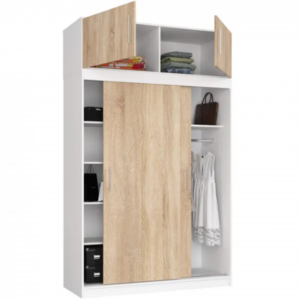 Ak furniture Šatní skříň s posuvnými dveřmi a nástavcem MONO CLP 150 cm bílá/dub sonoma