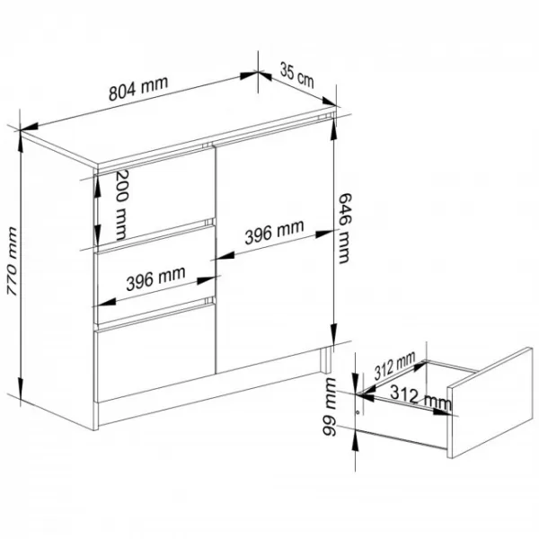 Ak furniture Komoda JERRY K 80 cm 1 dveře 3 zásuvky bílá