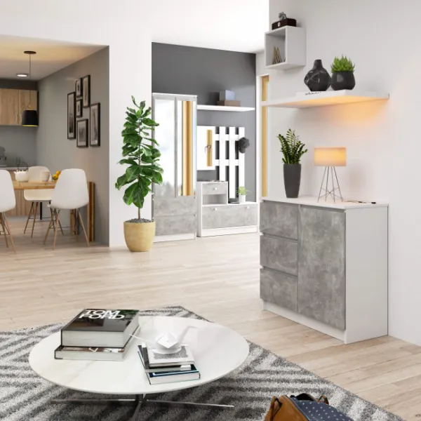 Ak furniture Komoda JERRY K 80 cm 1 dveře 3 zásuvky bílá/beton