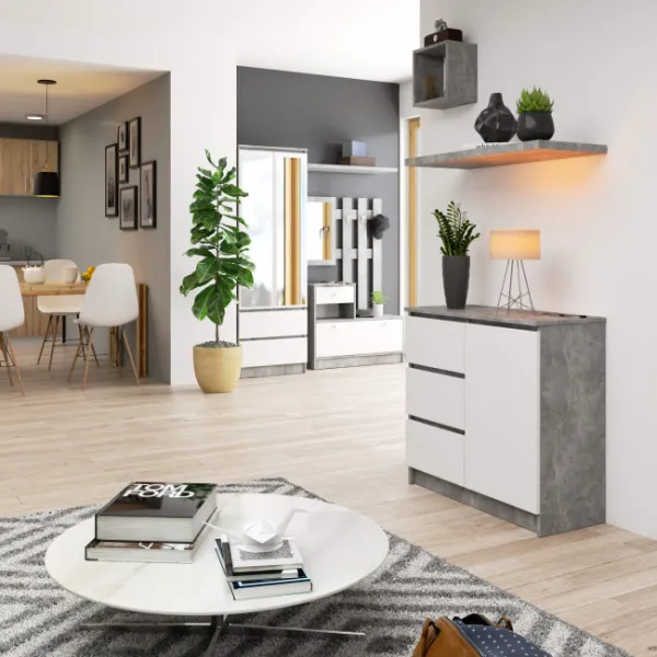 Ak furniture Komoda JERRY K 80 cm 1 dveře 3 zásuvky beton/bílá
