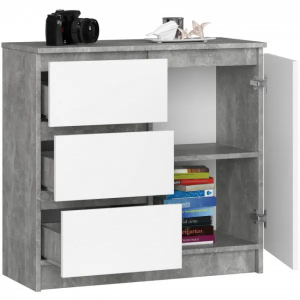 Ak furniture Komoda JERRY K 80 cm 1 dveře 3 zásuvky beton/bílá