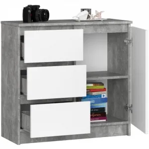 Ak furniture Komoda JERRY K 80 cm 1 dveře 3 zásuvky beton/bílá