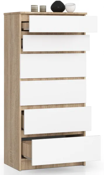 Ak furniture Komoda Kuba 60 cm - 6 zásuviek dub sonoma/biela