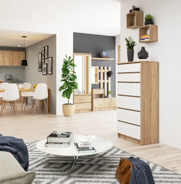 Ak furniture Komoda Kuba 60 cm - 6 zásuviek dub sonoma/biela