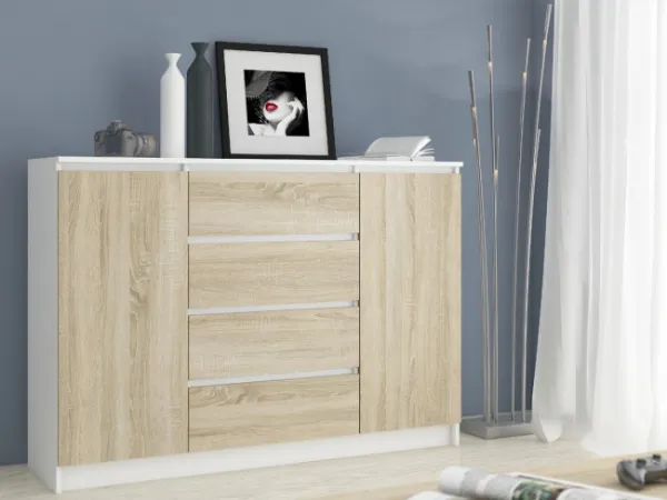 Ak furniture Komoda Kryštof 140 cm 2 skrinky a 4 zásuvky biela/sonoma