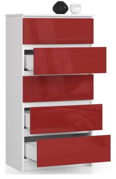 Ak furniture Komoda Kuba 60 cm - 5 zásuviek biela/červená