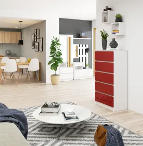 Ak furniture Komoda Kuba 60 cm - 5 zásuviek biela/červená