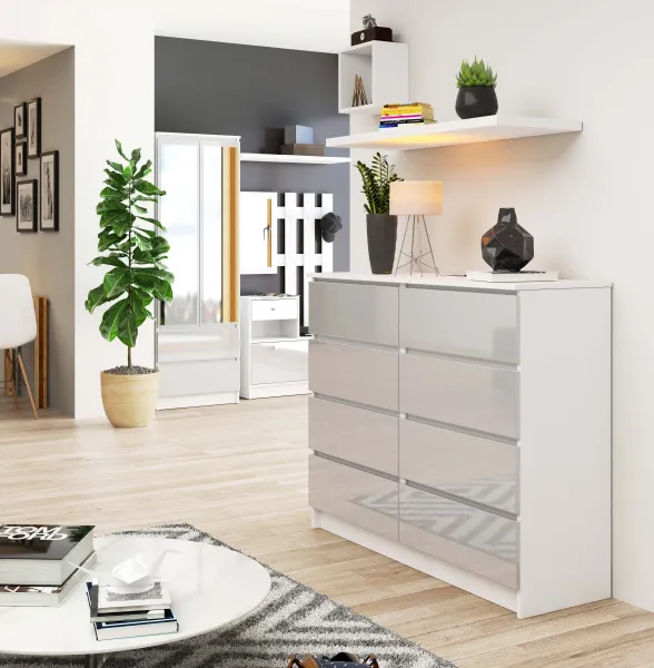 Ak furniture Komoda Kuba 120 cm 8 zásuviek biela/sivá