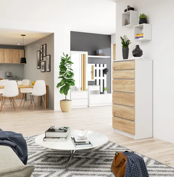 Ak furniture Komoda Kuba 60 cm - 6 zásuviek biela/sonoma