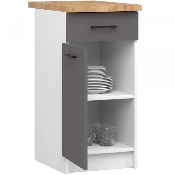 Ak furniture Kuchyňská skříňka OLIVIE 40x85 cm matná bílá/matná grafitově šedá/dub přírodní