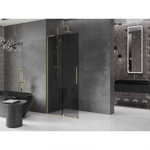 MEXEN/S - Velar L Sprchová zástena posuvná Walk-in 90 x 200, grafit 8 mm, zlato kefovaná 871-090-003-43-55