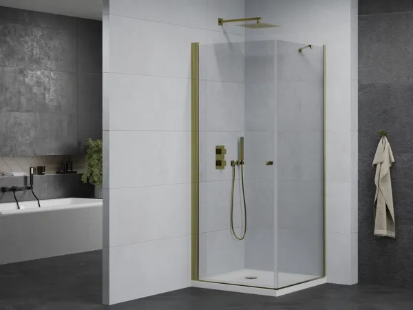 MEXEN/S - Pretoria štvorcový sprchovací kút 90x90, transparent, zlatý + vanička 852-090-090-50-00-4010