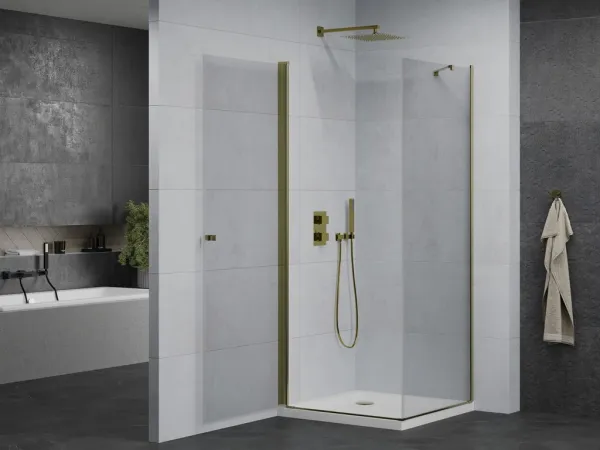 MEXEN/S - Pretoria štvorcový sprchovací kút 90x90, transparent, zlatý + vanička 852-090-090-50-00-4010