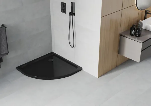 MEXEN/S - Flat sprchová vanička štvrťkruhová slim 100 x 100, čierna + čierny sifón 41701010B