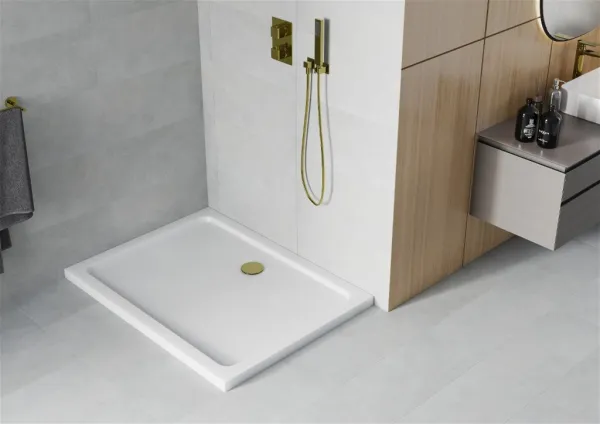 MEXEN/S - Flat sprchová vanička obdĺžniková slim 140 x 100, biela + zlatý sifón 40101014G