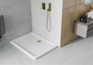 MEXEN/S - Flat sprchová vanička obdĺžniková slim 140 x 100, biela + zlatý sifón 40101014G