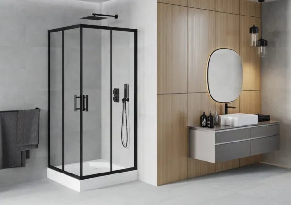 MEXEN/S - Rio štvorcový sprchovací kút 90 x 90, transparent, čierna + vanička Rio 860-090-090-70-00-4510