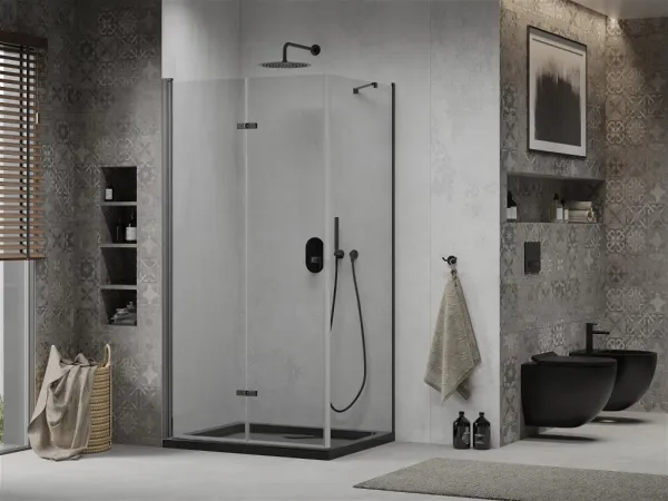 MEXEN/S - Lima sprchovací kút zalamovacie dvere 100 x 90, transparent, čierny + Flat čierna vanička so sifónom 856-100-090-70-00-4070B