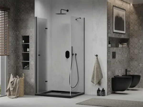 MEXEN/S - Lima sprchovací kút zalamovacie dvere 100 x 90, transparent, čierny + Flat čierna vanička so sifónom 856-100-090-70-00-4070B